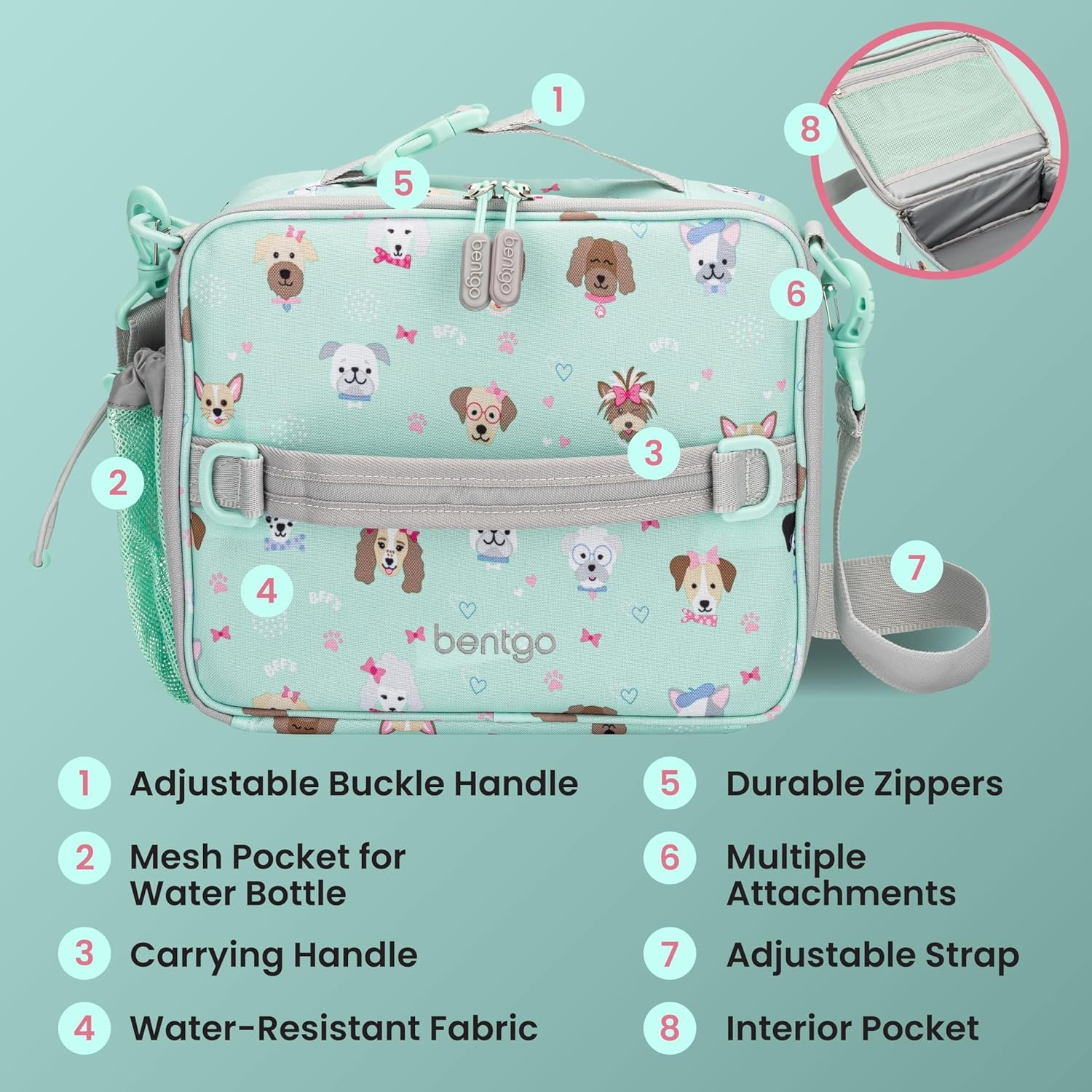 image:imageBentgo Kids Prints DoubleInsulated Reusable Lunch Bag For Kids 3 Adjustable Strap Holds Lunch BoxWater BottleSnacks EasyClean WaterResistant Pockets NEW Ballet amp BowsPuppy Love