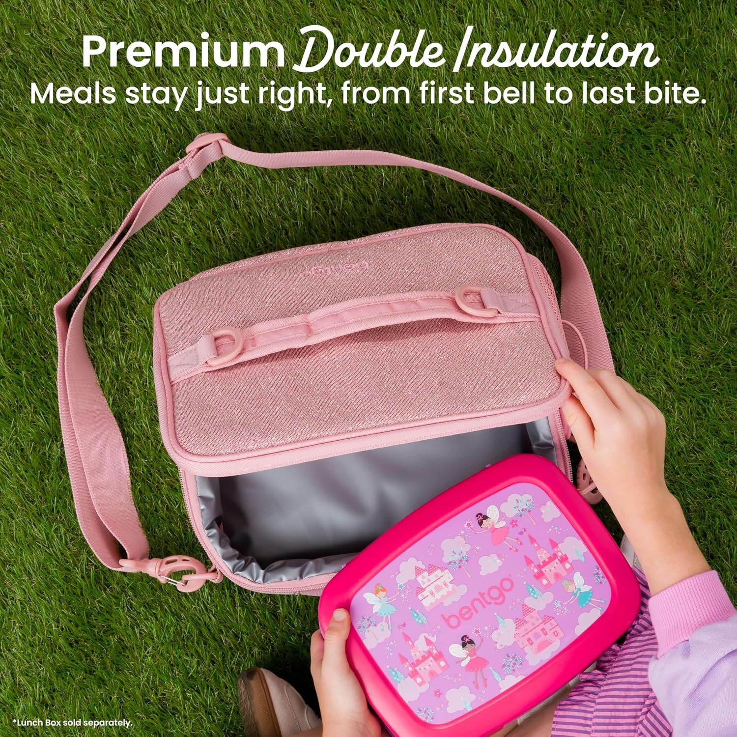 image:imageBentgo Kids Prints DoubleInsulated Reusable Lunch Bag For Kids 3 Adjustable Strap Holds Lunch BoxWater BottleSnacks EasyClean WaterResistant Pockets NEW Ballet amp BowsGlitter Edition Petal Pink