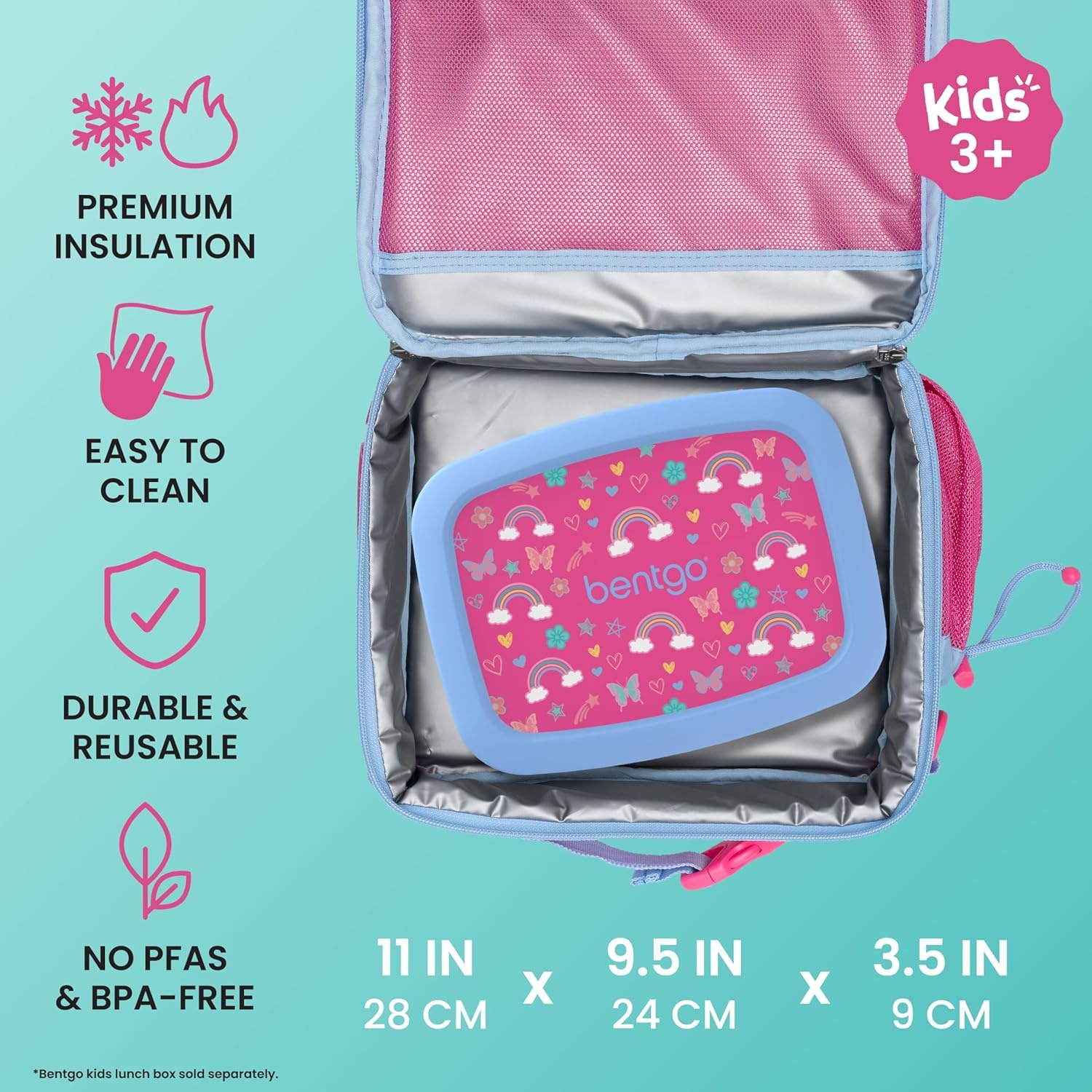 image:imageBentgo Kids Prints DoubleInsulated Reusable Lunch Bag For Kids 3 Adjustable Strap Holds Lunch BoxWater BottleSnacks EasyClean WaterResistant Pockets NEW Ballet amp BowsRainbows Butterflies