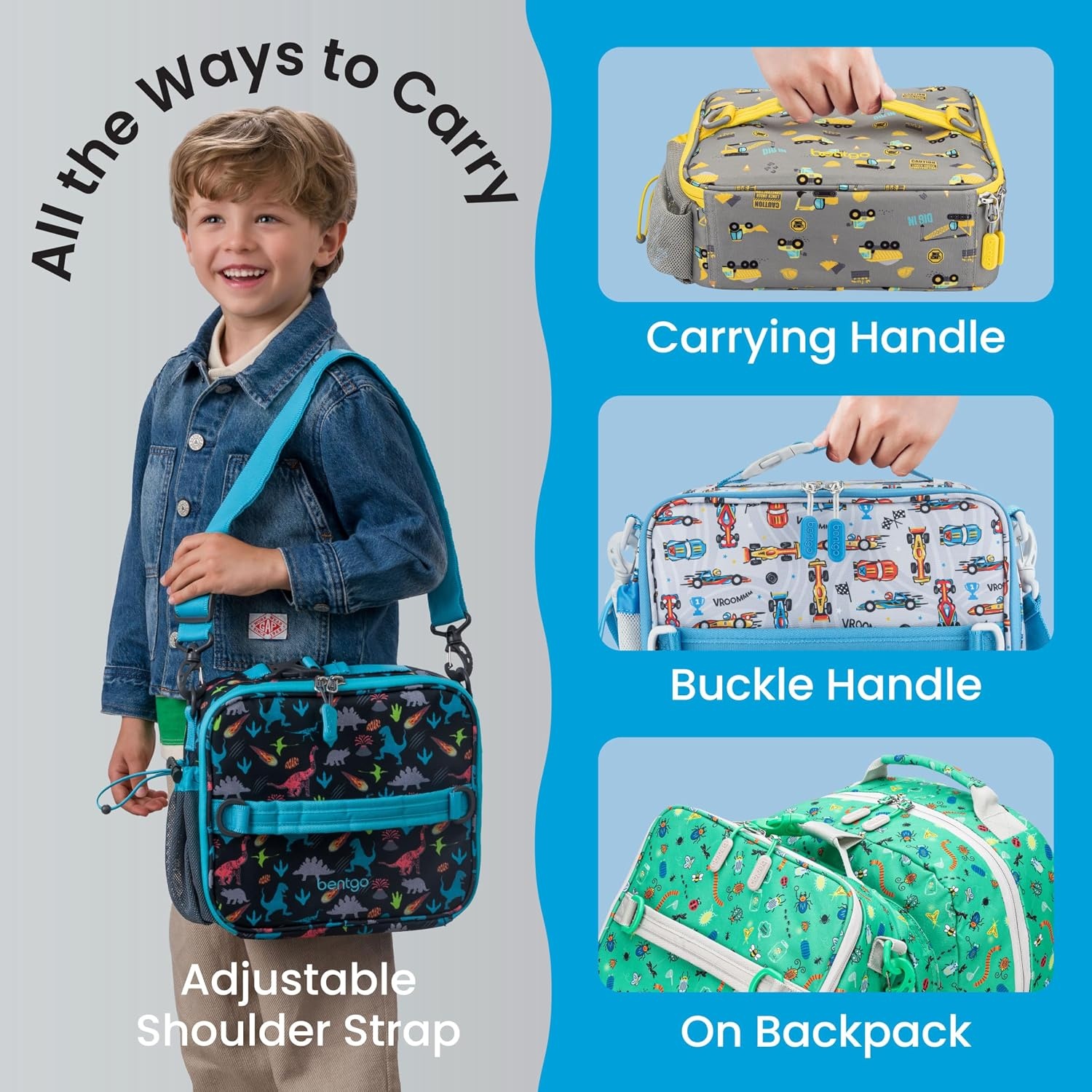 image:imageBentgo Kids Prints DoubleInsulated Reusable Lunch Bag For Kids 3 Adjustable Strap Holds Lunch BoxWater BottleSnacks EasyClean WaterResistant Pockets NEW Ballet amp BowsRace Cars