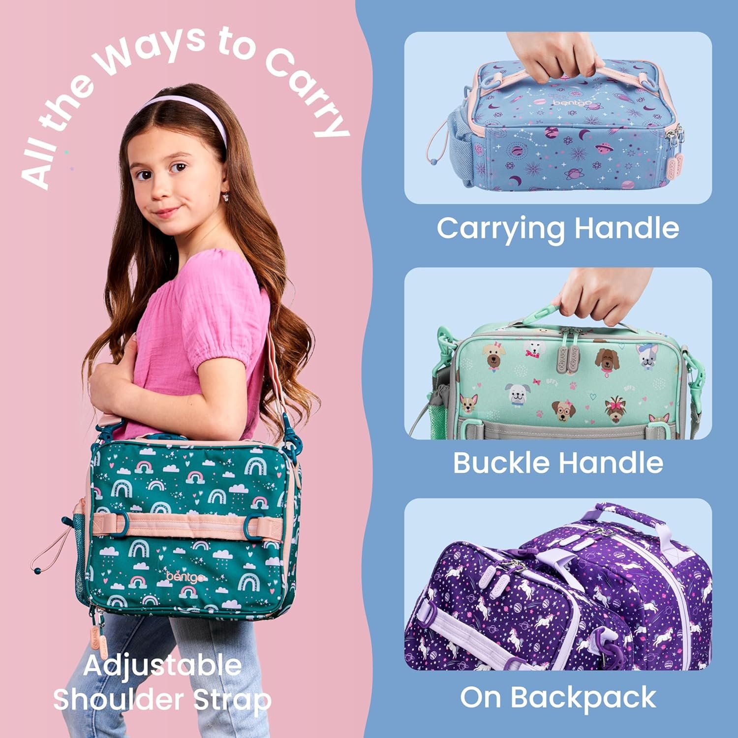 image:imageBentgo Kids Prints DoubleInsulated Reusable Lunch Bag For Kids 3 Adjustable Strap Holds Lunch BoxWater BottleSnacks EasyClean WaterResistant Pockets NEW Ballet amp BowsLavender Galaxy