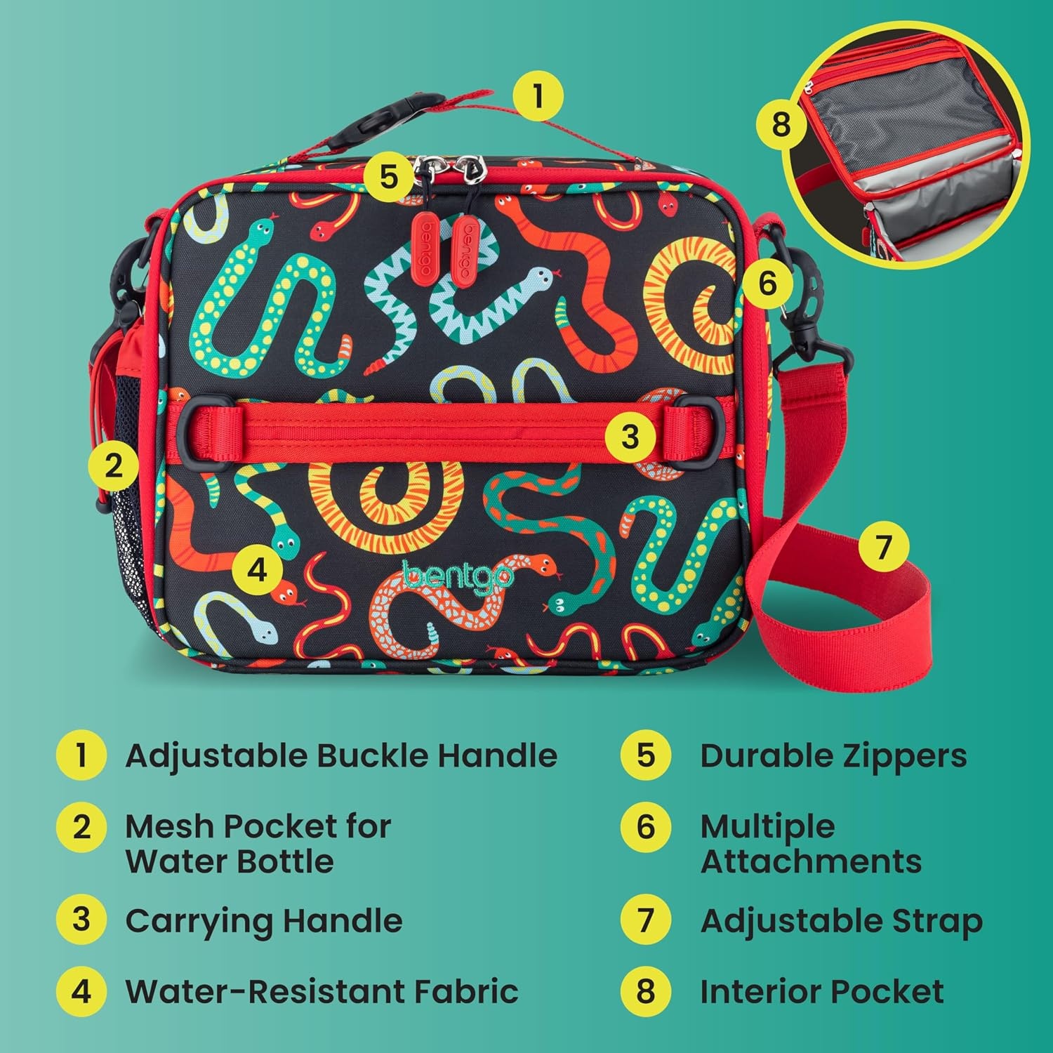 image:imageBentgo Kids Prints DoubleInsulated Reusable Lunch Bag For Kids 3 Adjustable Strap Holds Lunch BoxWater BottleSnacks EasyClean WaterResistant Pockets NEW Ballet amp BowsSssnakes