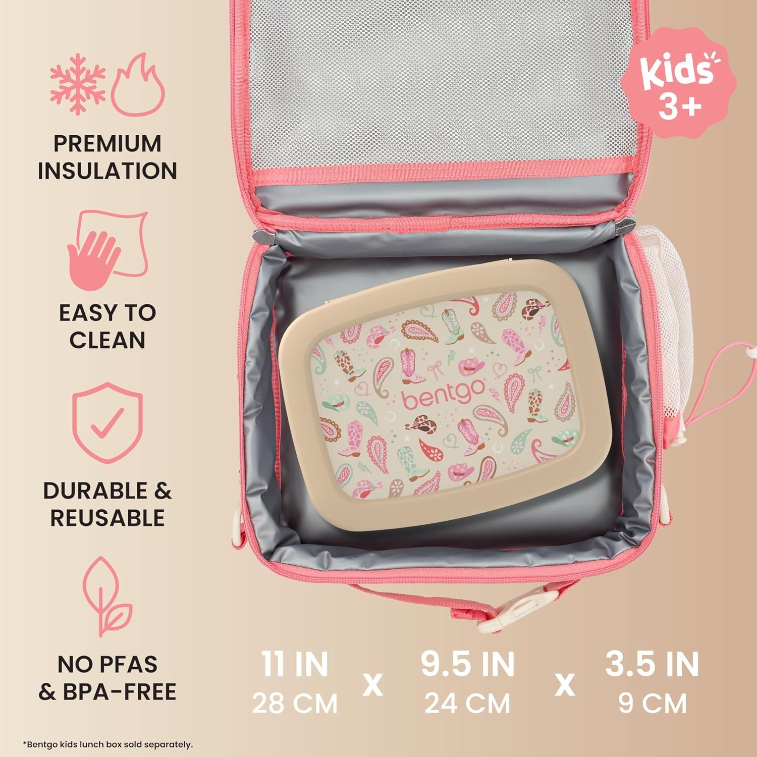 image:imageBentgo Kids Prints DoubleInsulated Reusable Lunch Bag For Kids 3 Adjustable Strap Holds Lunch BoxWater BottleSnacks EasyClean WaterResistant Pockets NEW Ballet amp BowsCowgirl Dreams