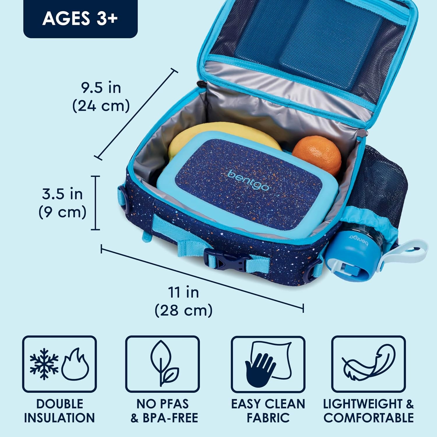 image:imageBentgo Kids Prints DoubleInsulated Reusable Lunch Bag For Kids 3 Adjustable Strap Holds Lunch BoxWater BottleSnacks EasyClean WaterResistant Pockets NEW Ballet amp BowsConfetti Edition Abyss Blue