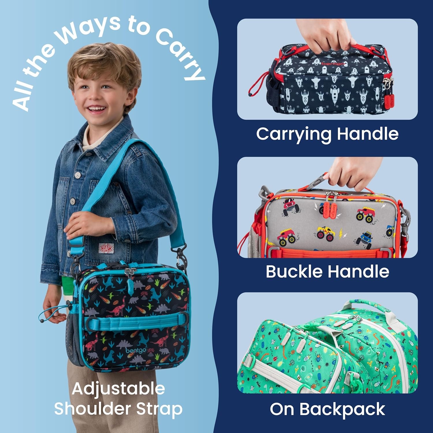 image:imageBentgo Kids Prints DoubleInsulated Reusable Lunch Bag For Kids 3 Adjustable Strap Holds Lunch BoxWater BottleSnacks EasyClean WaterResistant Pockets NEW Ballet amp BowsRocket