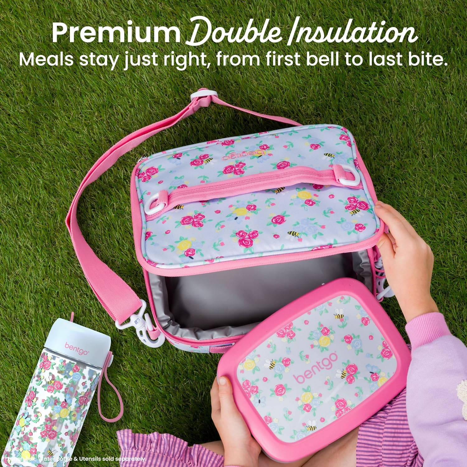 image:imageBentgo Kids Prints DoubleInsulated Reusable Lunch Bag For Kids 3 Adjustable Strap Holds Lunch BoxWater BottleSnacks EasyClean WaterResistant Pockets NEW Ballet amp BowsBlooming Floral