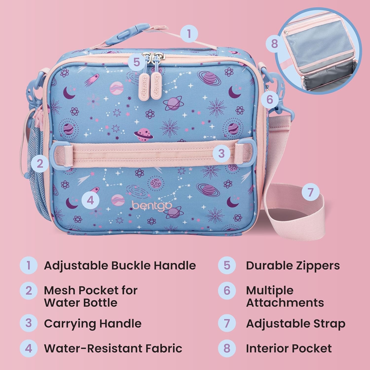 image:imageBentgo Kids Prints DoubleInsulated Reusable Lunch Bag For Kids 3 Adjustable Strap Holds Lunch BoxWater BottleSnacks EasyClean WaterResistant Pockets NEW Ballet amp BowsLavender Galaxy