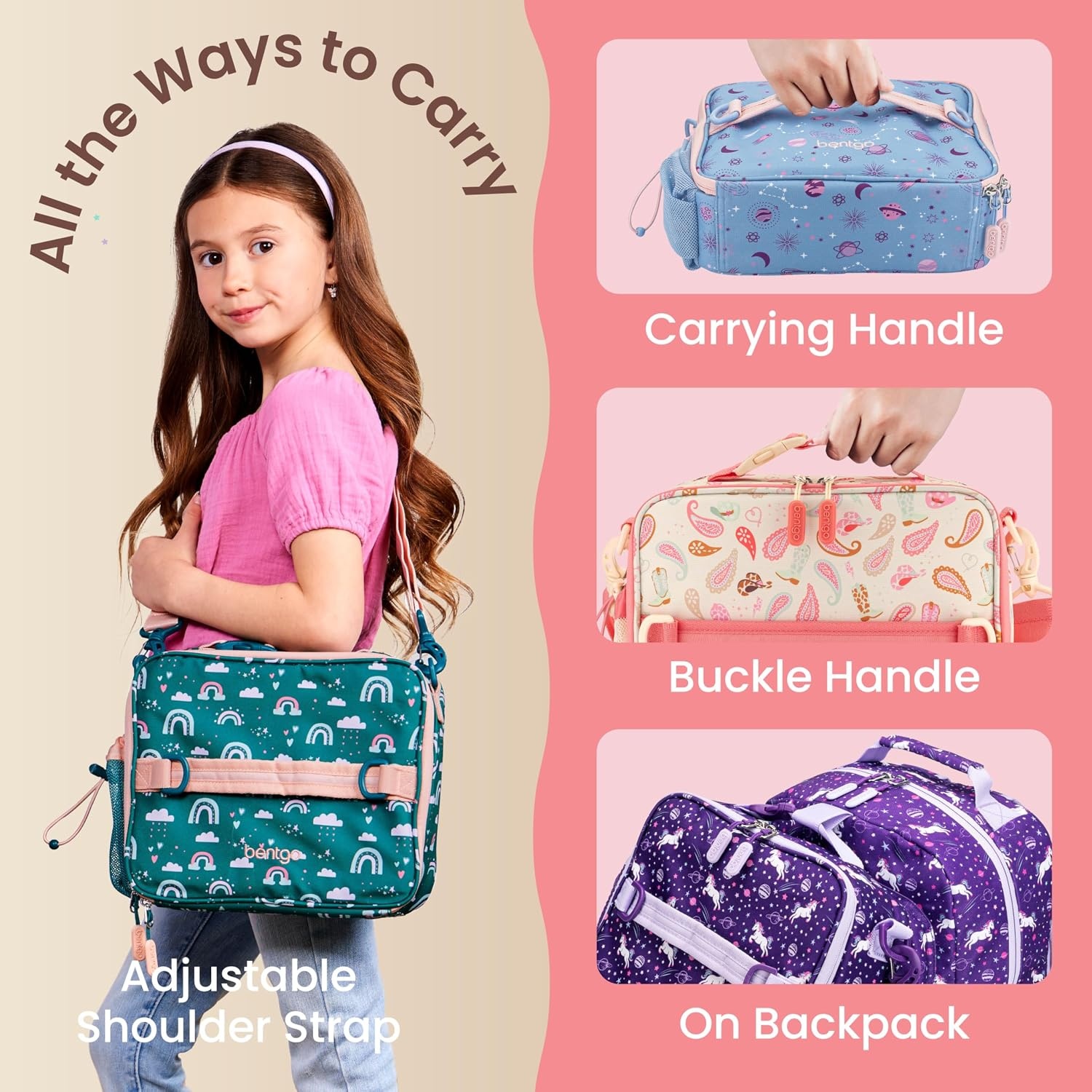 image:imageBentgo Kids Prints DoubleInsulated Reusable Lunch Bag For Kids 3 Adjustable Strap Holds Lunch BoxWater BottleSnacks EasyClean WaterResistant Pockets NEW Ballet amp BowsCowgirl Dreams