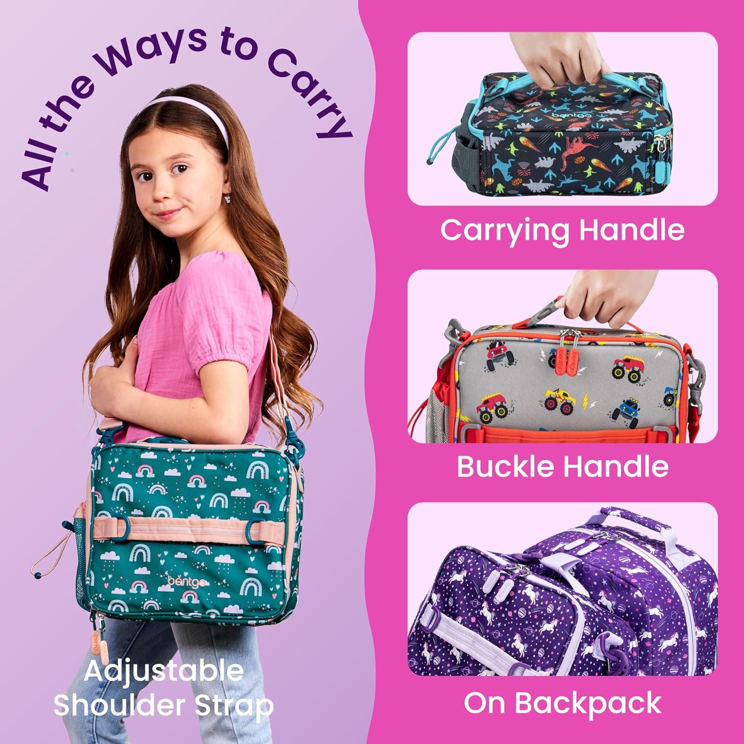 image:imageBentgo Kids Prints DoubleInsulated Reusable Lunch Bag For Kids 3 Adjustable Strap Holds Lunch BoxWater BottleSnacks EasyClean WaterResistant Pockets NEW Ballet amp BowsUnicorn