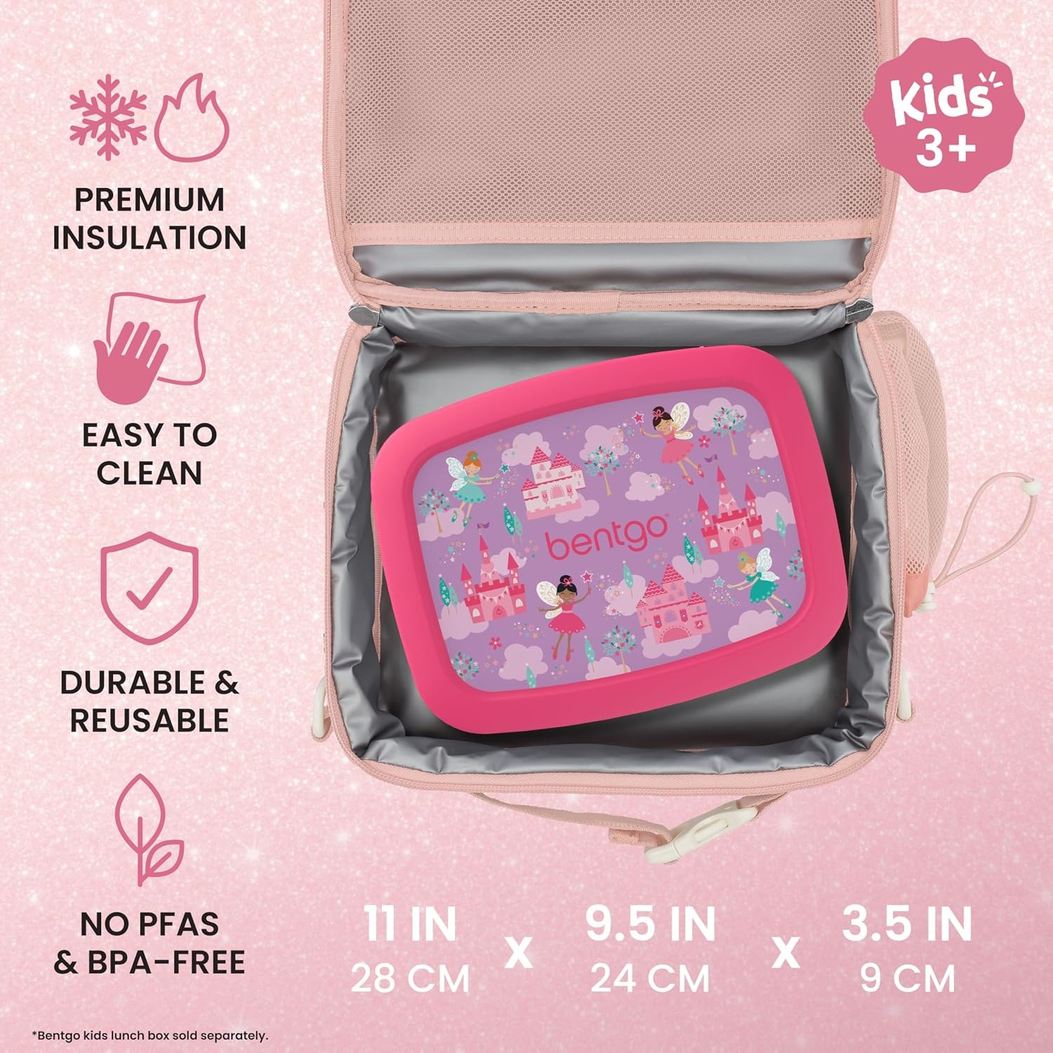 image:imageBentgo Kids Prints DoubleInsulated Reusable Lunch Bag For Kids 3 Adjustable Strap Holds Lunch BoxWater BottleSnacks EasyClean WaterResistant Pockets NEW Ballet amp BowsGlitter Edition Petal Pink