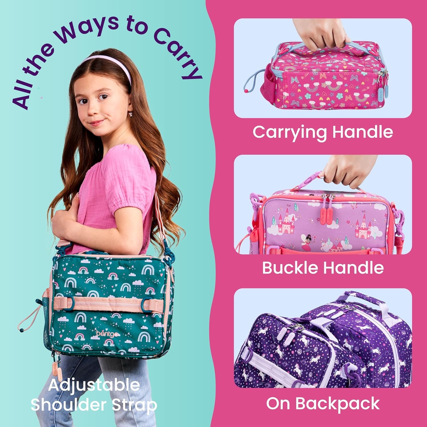 image:imageBentgo Kids Prints DoubleInsulated Reusable Lunch Bag For Kids 3 Adjustable Strap Holds Lunch BoxWater BottleSnacks EasyClean WaterResistant Pockets NEW Ballet amp BowsRainbows Butterflies