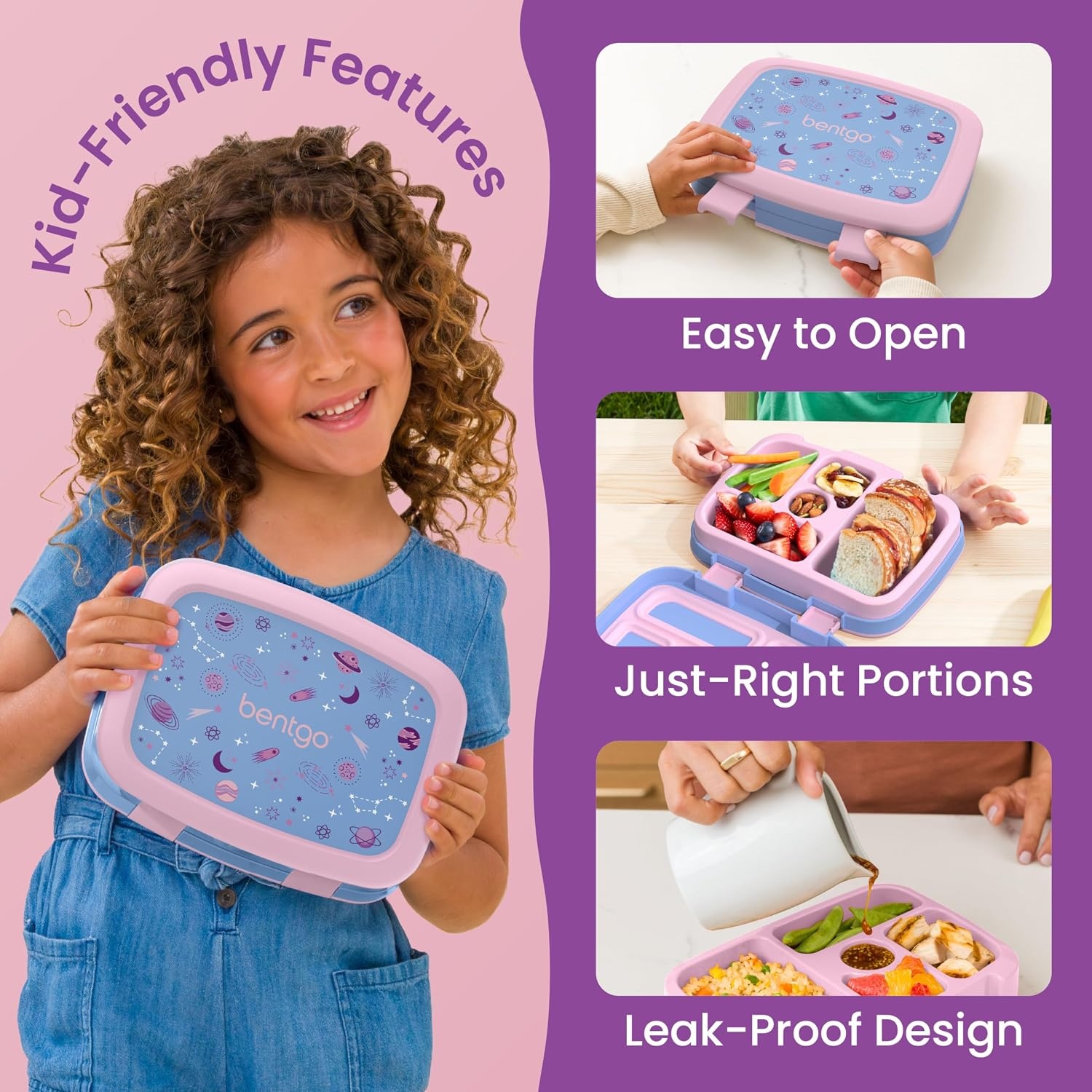 image:imageBentgo Kids Prints LeakProof 5Compartment BentoStyle Kids Lunch Box Ideal Portion Sizes for Ages 37 Durable DropProof Dishwasher Safe PFAS amp BPAFree Materials NEW Ballet amp BowsLavender Galaxy