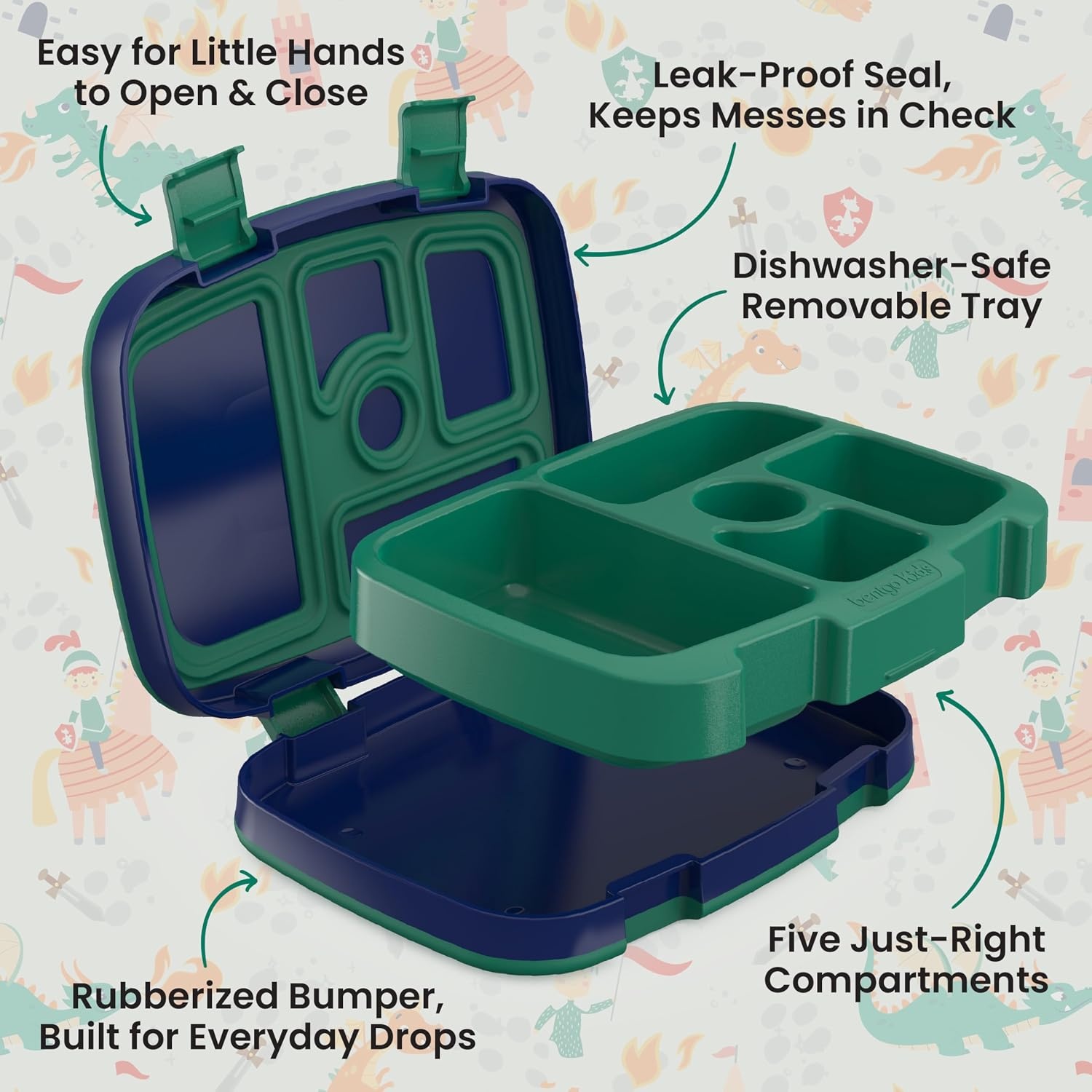 image:imageBentgo Kids Prints LeakProof 5Compartment BentoStyle Kids Lunch Box Ideal Portion Sizes for Ages 37 Durable DropProof Dishwasher Safe PFAS amp BPAFree Materials NEW Ballet amp BowsDragons Knights