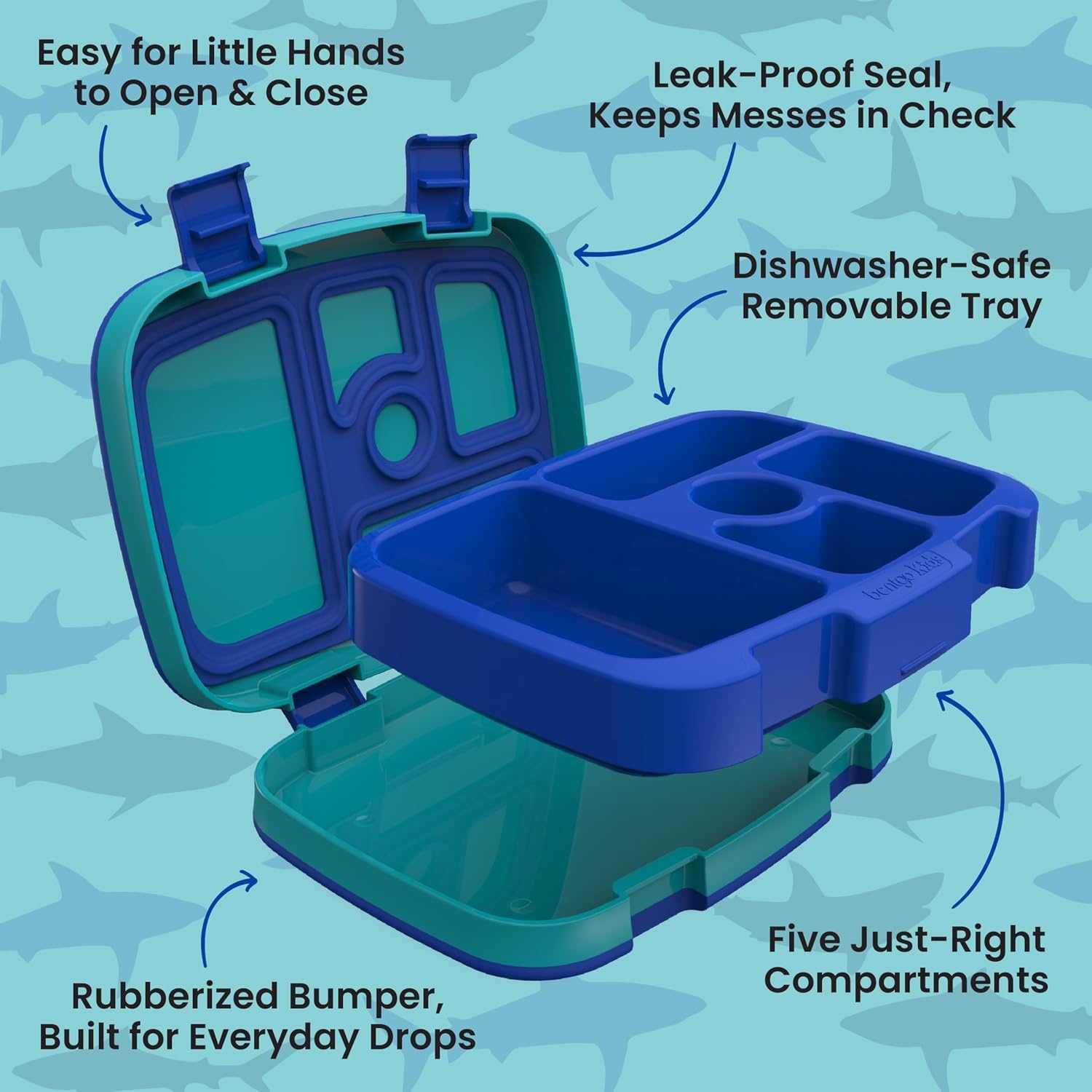 image:imageBentgo Kids Prints LeakProof 5Compartment BentoStyle Kids Lunch Box Ideal Portion Sizes for Ages 37 Durable DropProof Dishwasher Safe PFAS amp BPAFree Materials NEW Ballet amp BowsSharks