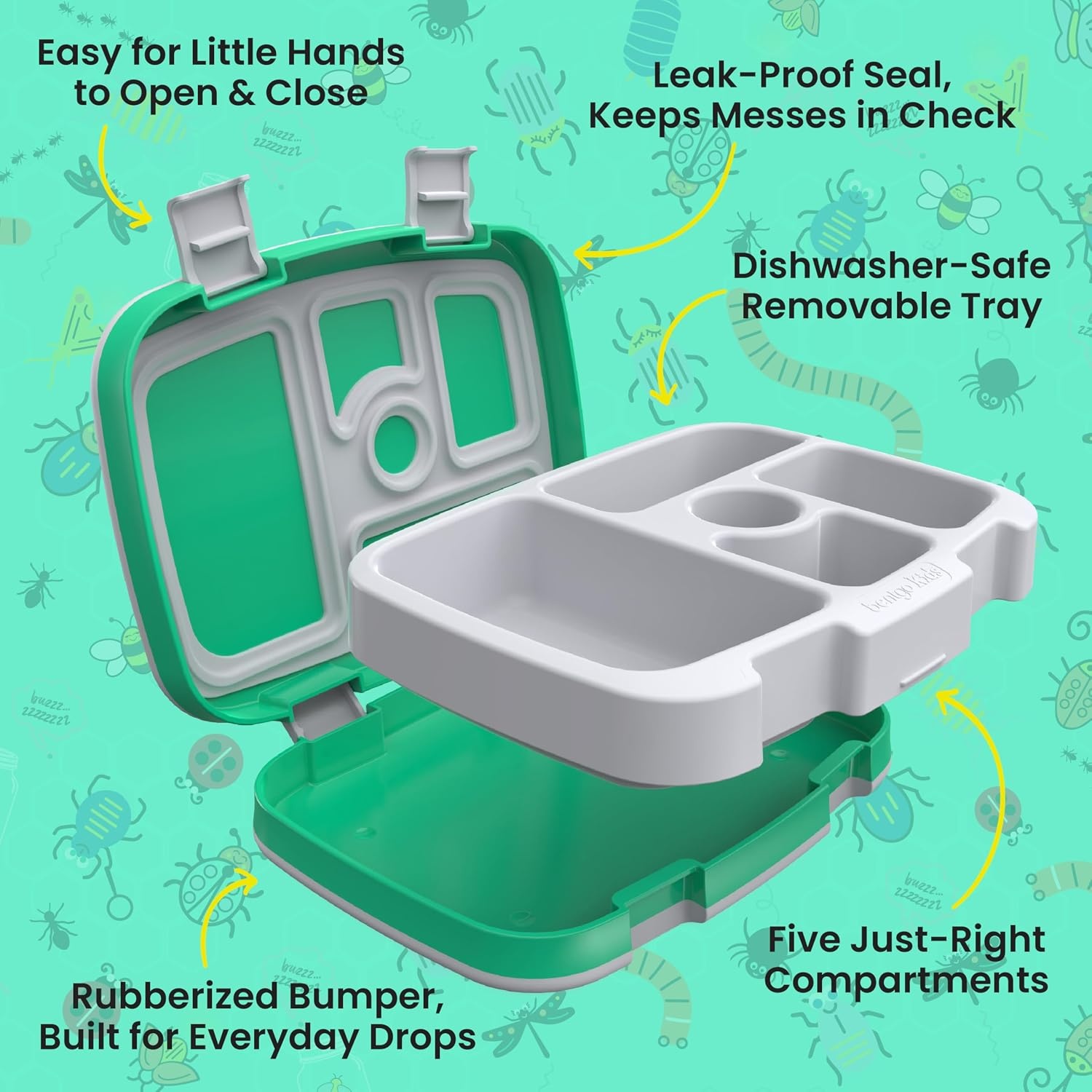 image:imageBentgo Kids Prints LeakProof 5Compartment BentoStyle Kids Lunch Box Ideal Portion Sizes for Ages 37 Durable DropProof Dishwasher Safe PFAS amp BPAFree Materials NEW Ballet amp BowsBug Buddies