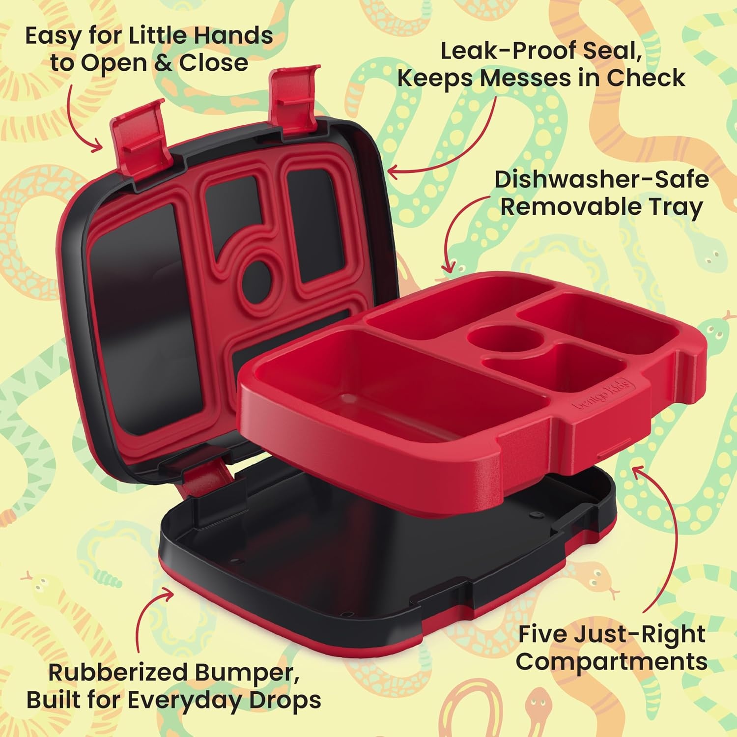 image:imageBentgo Kids Prints LeakProof 5Compartment BentoStyle Kids Lunch Box Ideal Portion Sizes for Ages 37 Durable DropProof Dishwasher Safe PFAS amp BPAFree Materials NEW Ballet amp BowsSssnakes