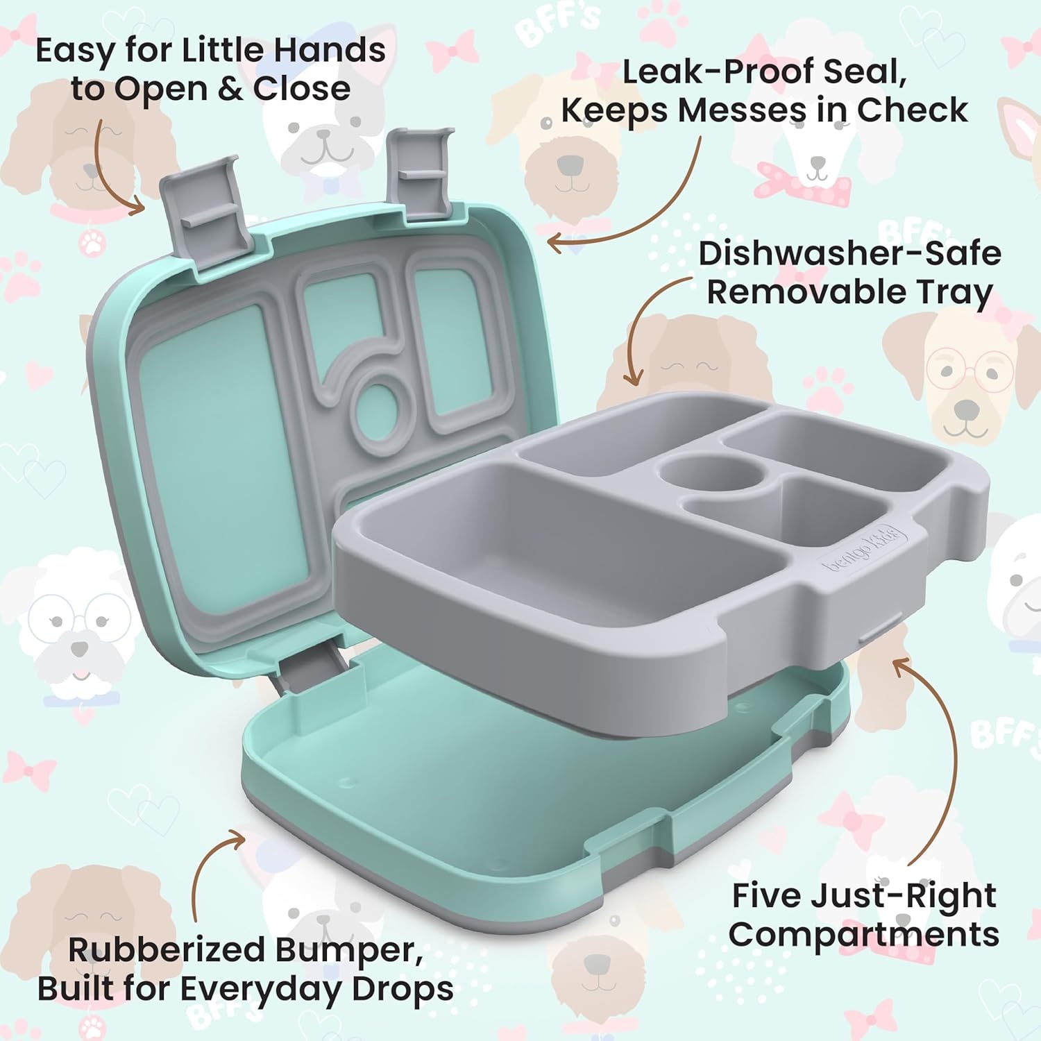 image:imageBentgo Kids Prints LeakProof 5Compartment BentoStyle Kids Lunch Box Ideal Portion Sizes for Ages 37 Durable DropProof Dishwasher Safe PFAS amp BPAFree Materials NEW Ballet amp BowsPuppy Love