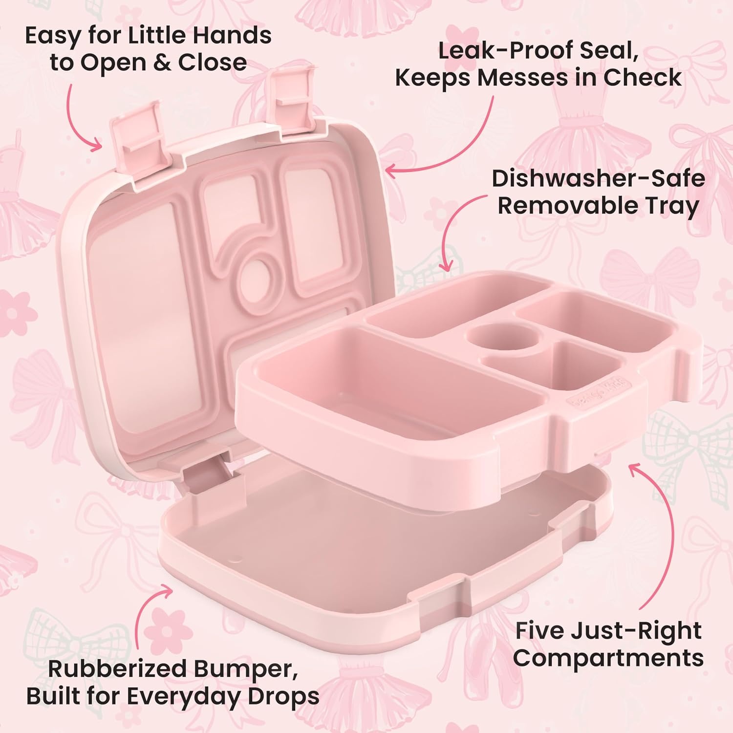 image:imageBentgo Kids Prints LeakProof 5Compartment BentoStyle Kids Lunch Box Ideal Portion Sizes for Ages 37 Durable DropProof Dishwasher Safe PFAS amp BPAFree Materials NEW Ballet amp BowsBallet Bows