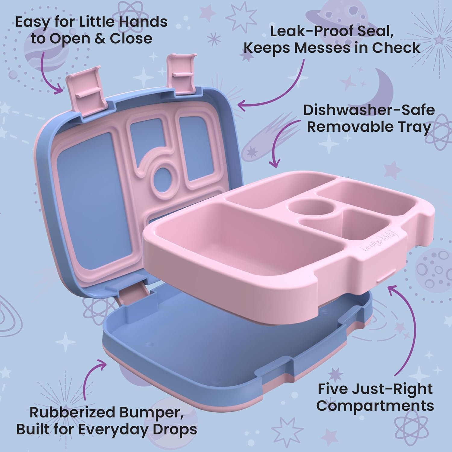 image:imageBentgo Kids Prints LeakProof 5Compartment BentoStyle Kids Lunch Box Ideal Portion Sizes for Ages 37 Durable DropProof Dishwasher Safe PFAS amp BPAFree Materials NEW Ballet amp BowsLavender Galaxy