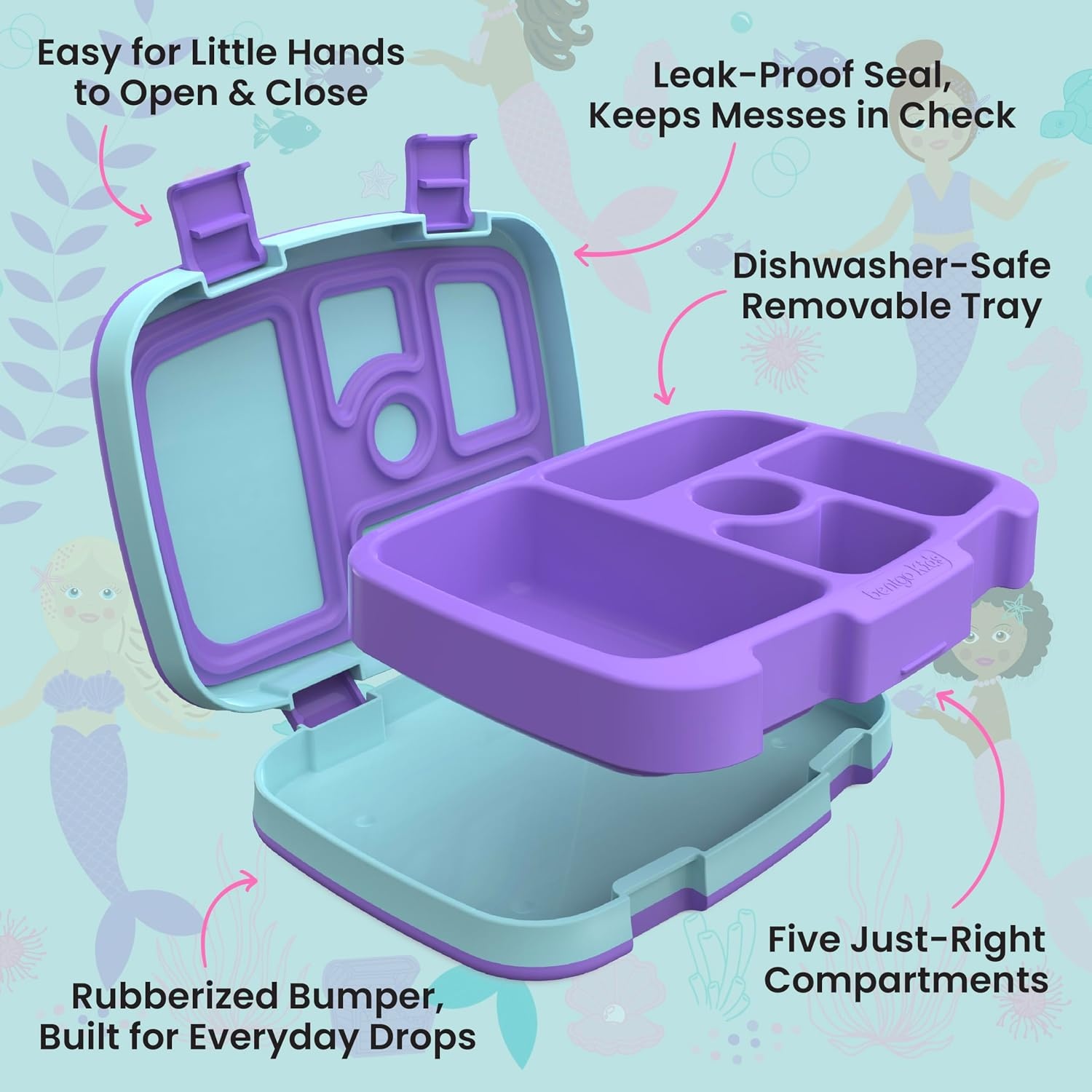 image:imageBentgo Kids Prints LeakProof 5Compartment BentoStyle Kids Lunch Box Ideal Portion Sizes for Ages 37 Durable DropProof Dishwasher Safe PFAS amp BPAFree Materials NEW Ballet amp BowsMermaids in the Sea