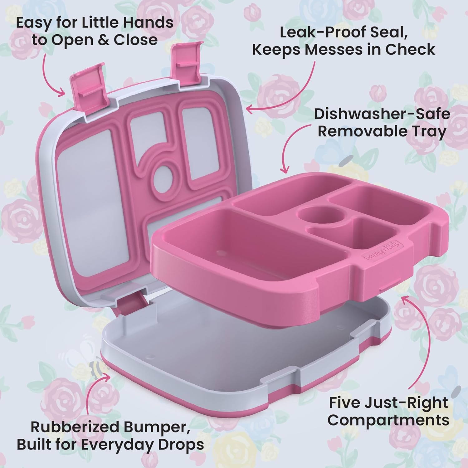 image:imageBentgo Kids Prints LeakProof 5Compartment BentoStyle Kids Lunch Box Ideal Portion Sizes for Ages 37 Durable DropProof Dishwasher Safe PFAS amp BPAFree Materials NEW Ballet amp BowsBlooming Floral