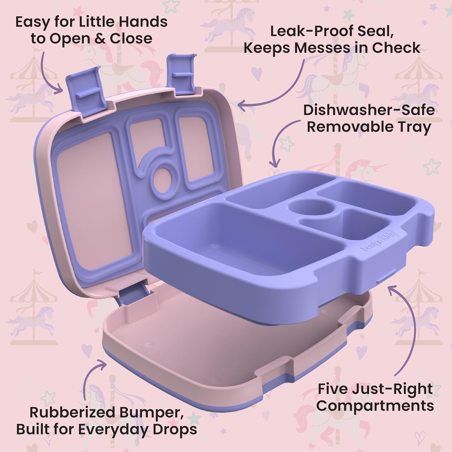 image:imageBentgo Kids Prints LeakProof 5Compartment BentoStyle Kids Lunch Box Ideal Portion Sizes for Ages 37 Durable DropProof Dishwasher Safe PFAS amp BPAFree Materials NEW Ballet amp BowsCarousel Unicorns