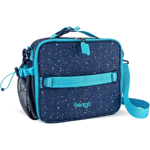 Bentgo Kids Prints Double-Insulated Reusable Lunch Bag | For Kids 3+, Adjustable Strap; Holds Lunch Box/Water Bottle/Snacks; Easy-Clean, Water-Resistant, Pockets (NEW Ballet & Bows)(Confetti Edition – Abyss Blue)