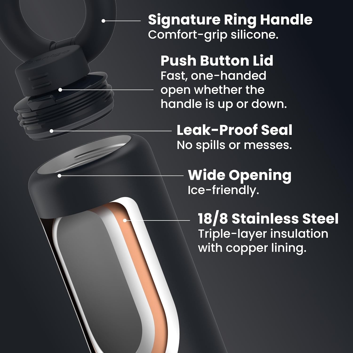 image:imageBentgo Lift Chug Lid 24Hour Cold LeakProof Water Bottle 32 fl ozBack to Black