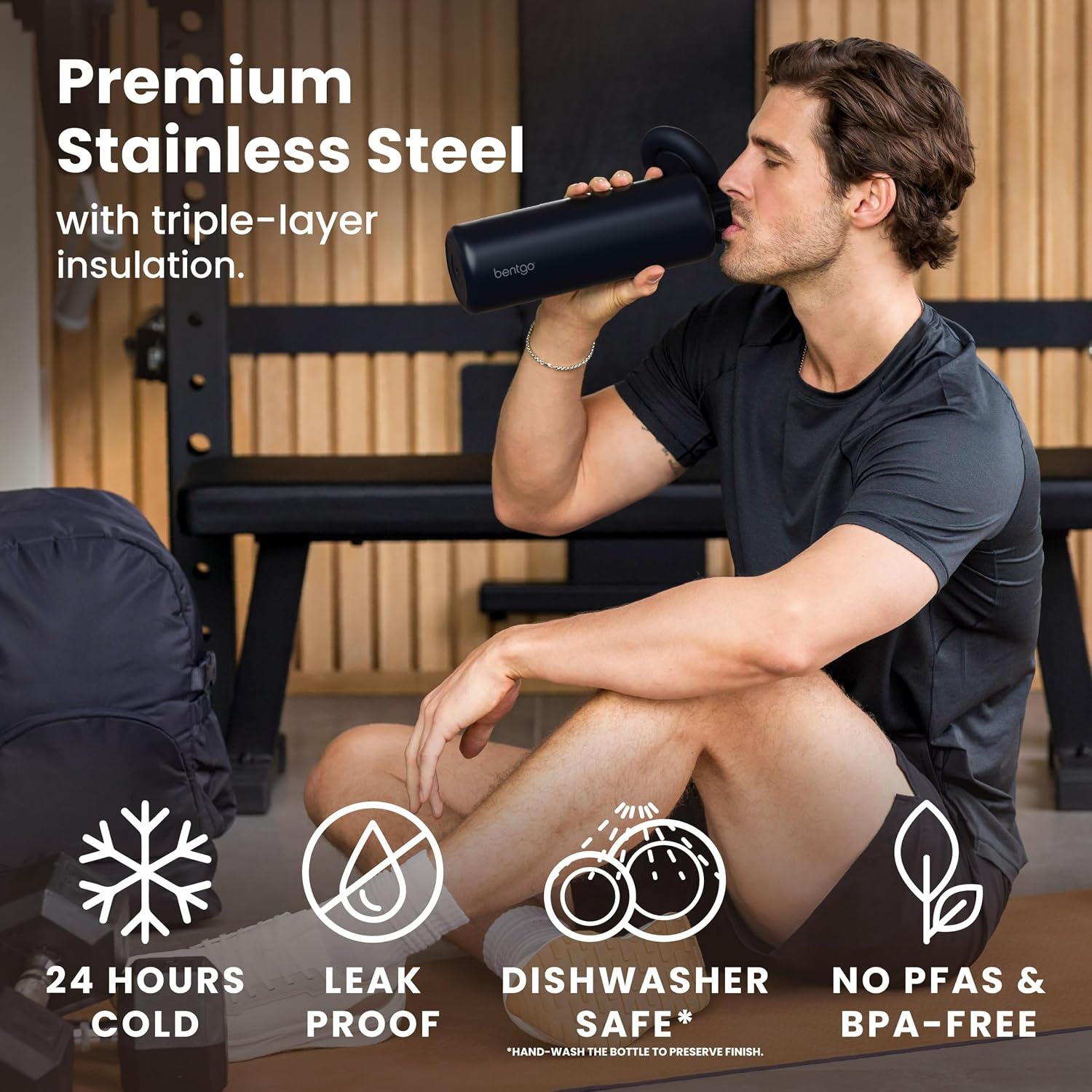 image:imageBentgo Lift Chug Lid 24Hour Cold LeakProof Water Bottle 32 fl ozBack to Black