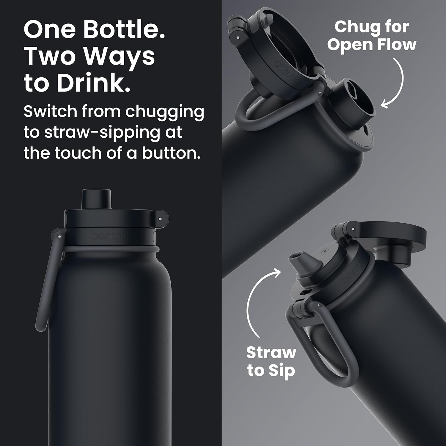 image:imageBentgo Flip 2in1 Straw amp Chug LeakProof Insulated Water Bottle 40 fl ozBack to Black