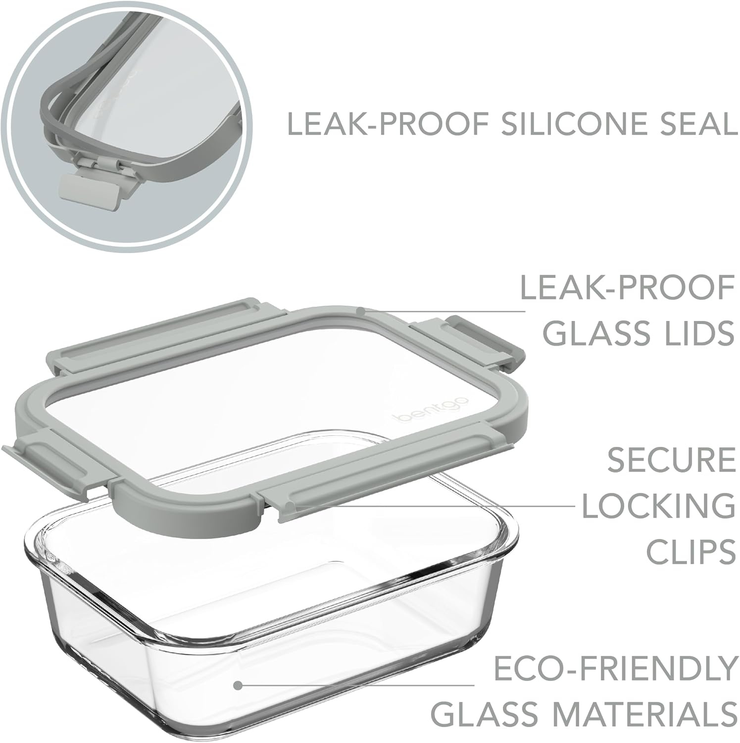 image:imageBentgo Glass LeakProof Food Storage 4Piece Set One 27 Cup Container and One 44 Cup Container Durable 1Compartment Meal Prep Containers amp Airtight Locking Lids PebbleFogPebbleFog 2Pack Medium Large