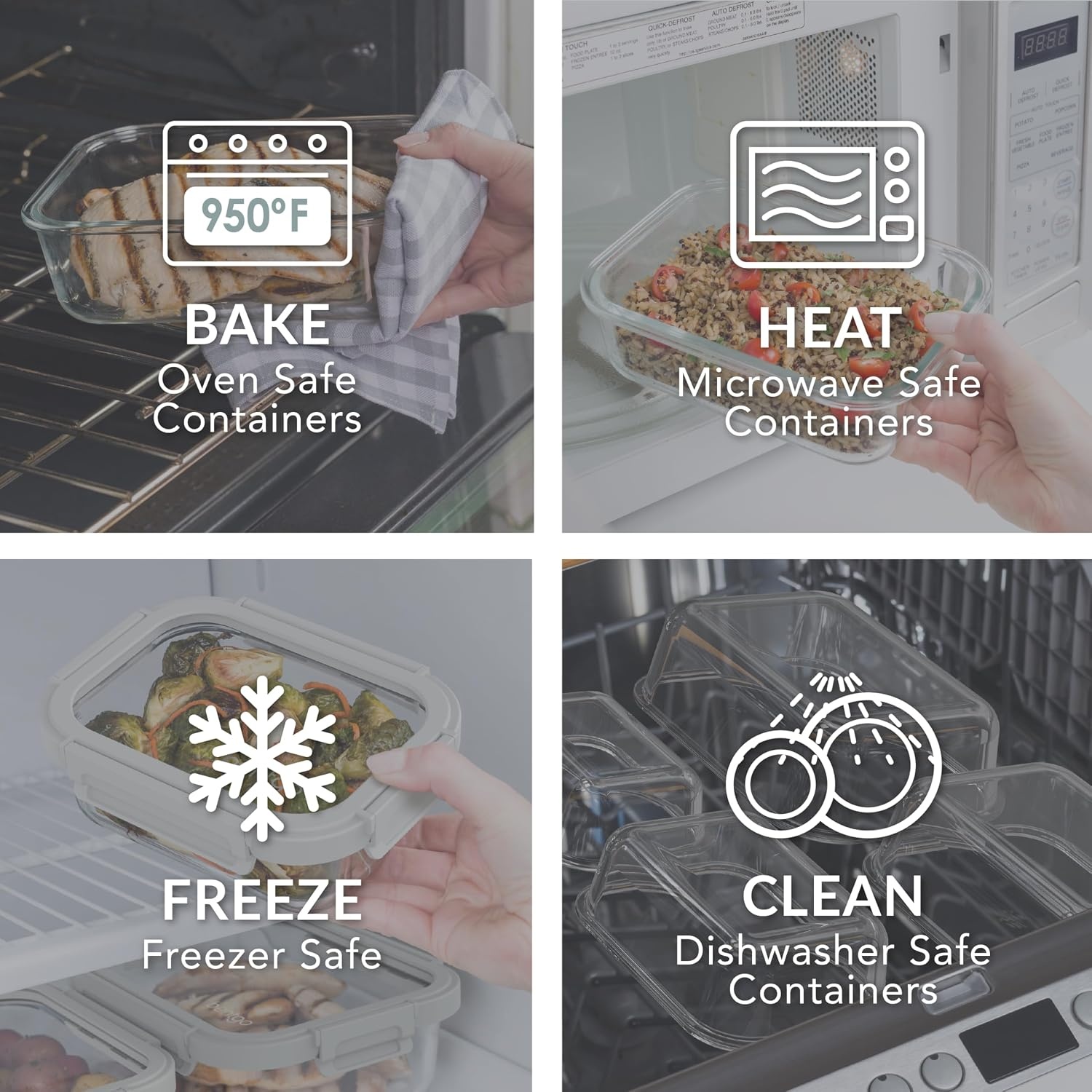 image:imageBentgo Glass LeakProof Food Storage 4Piece Set One 27 Cup Container and One 44 Cup Container Durable 1Compartment Meal Prep Containers amp Airtight Locking Lids PebbleFogPebbleFog 2Pack Medium Large