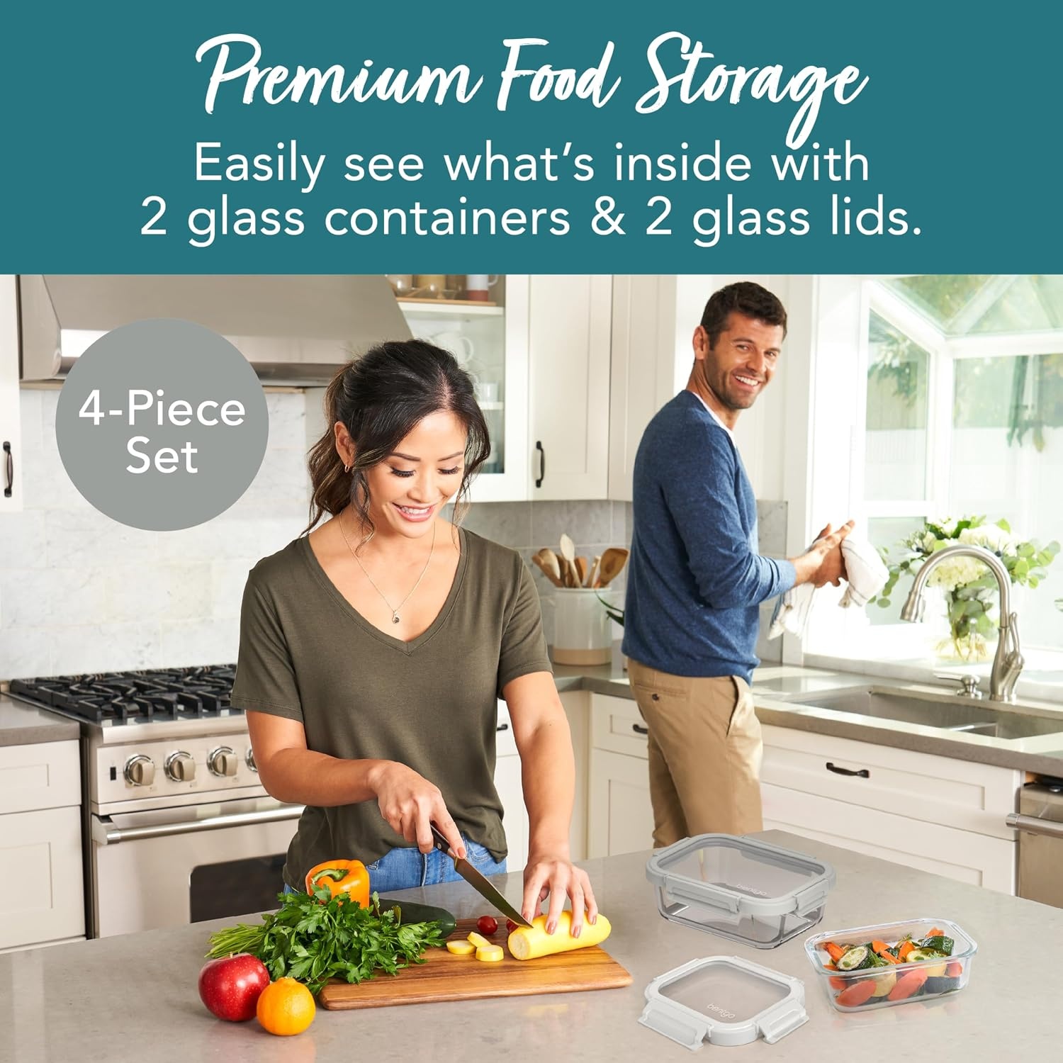 image:imageBentgo Glass LeakProof Food Storage 4Piece Set One 27 Cup Container and One 44 Cup Container Durable 1Compartment Meal Prep Containers amp Airtight Locking Lids PebbleFogPebbleFog 2Pack Medium Large