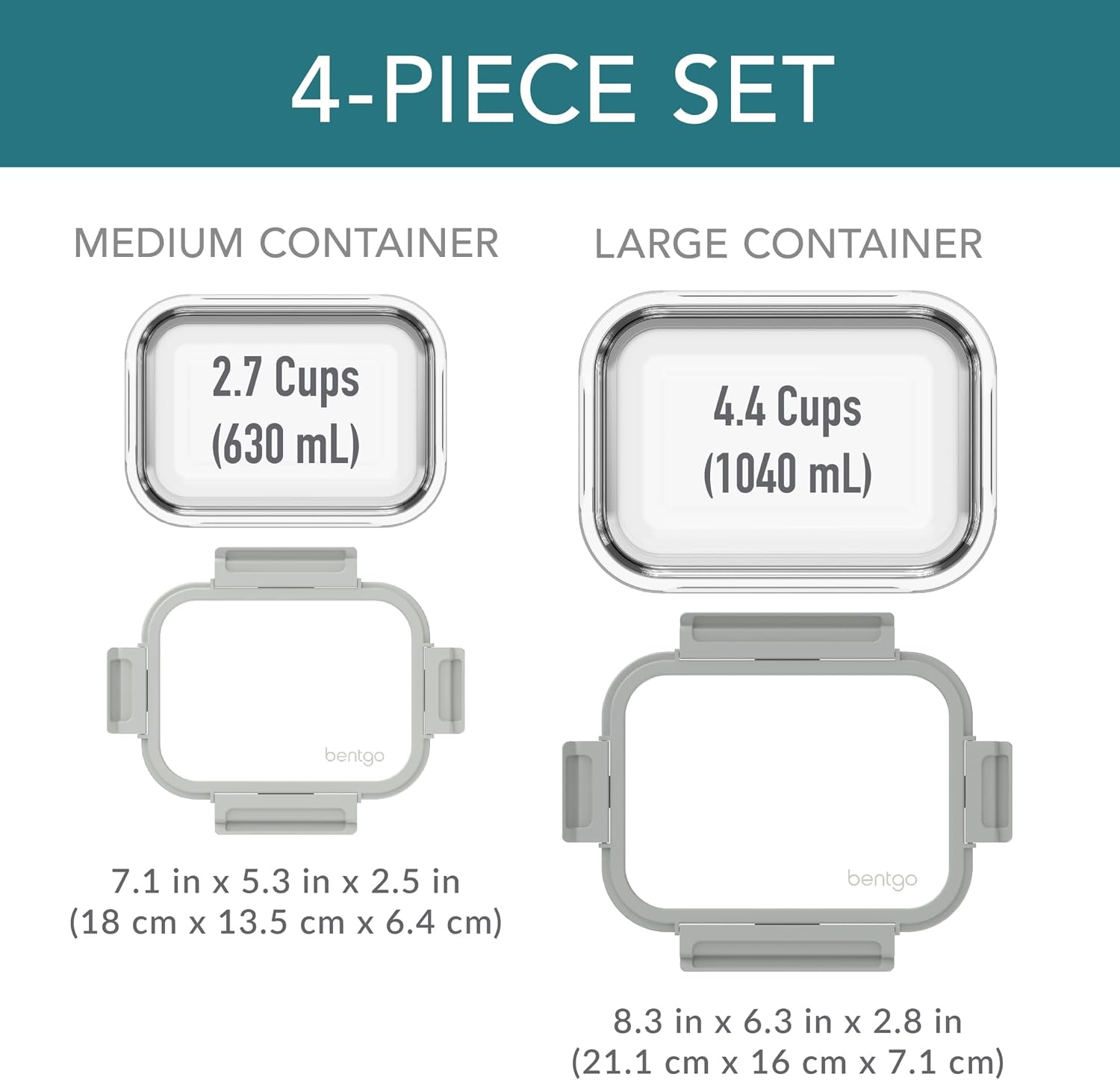 image:imageBentgo Glass LeakProof Food Storage 4Piece Set One 27 Cup Container and One 44 Cup Container Durable 1Compartment Meal Prep Containers amp Airtight Locking Lids PebbleFogPebbleFog 2Pack Medium Large