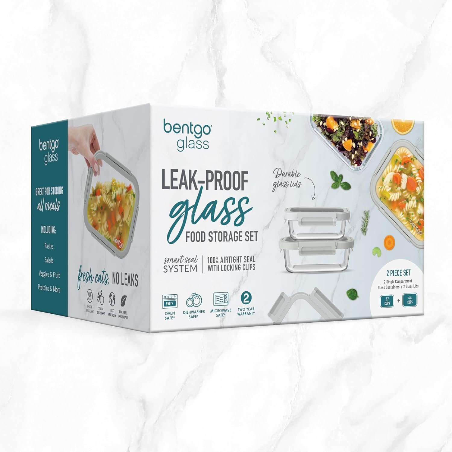 image:imageBentgo Glass LeakProof Food Storage 4Piece Set One 27 Cup Container and One 44 Cup Container Durable 1Compartment Meal Prep Containers amp Airtight Locking Lids PebbleFogPebbleFog 2Pack Medium Large