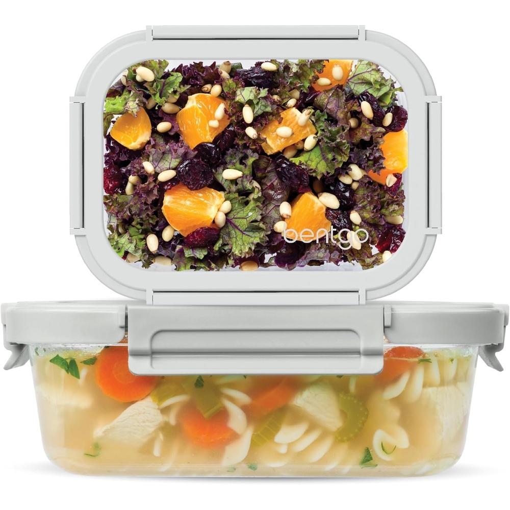 image:imageBentgo Glass LeakProof Food Storage 4Piece Set One 27 Cup Container and One 44 Cup Container  Durable 1Compartment Meal Prep Containers amp Airtight Locking Lids PebbleFogPebbleFog 2Pack Medium  Large